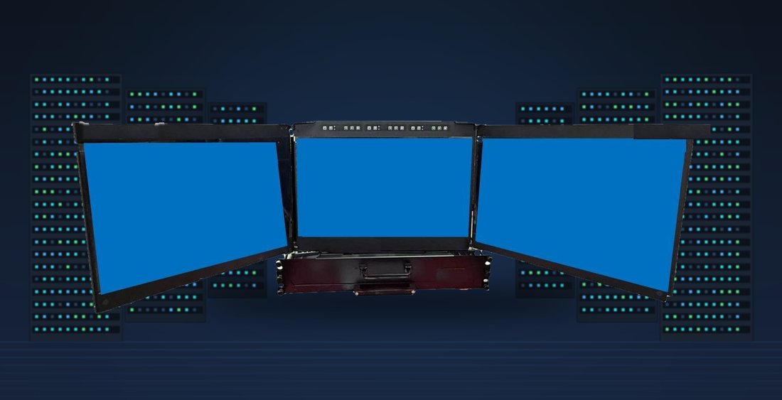 LRK-17W-2U-3LCD rugged three-display console in a data-center server room
