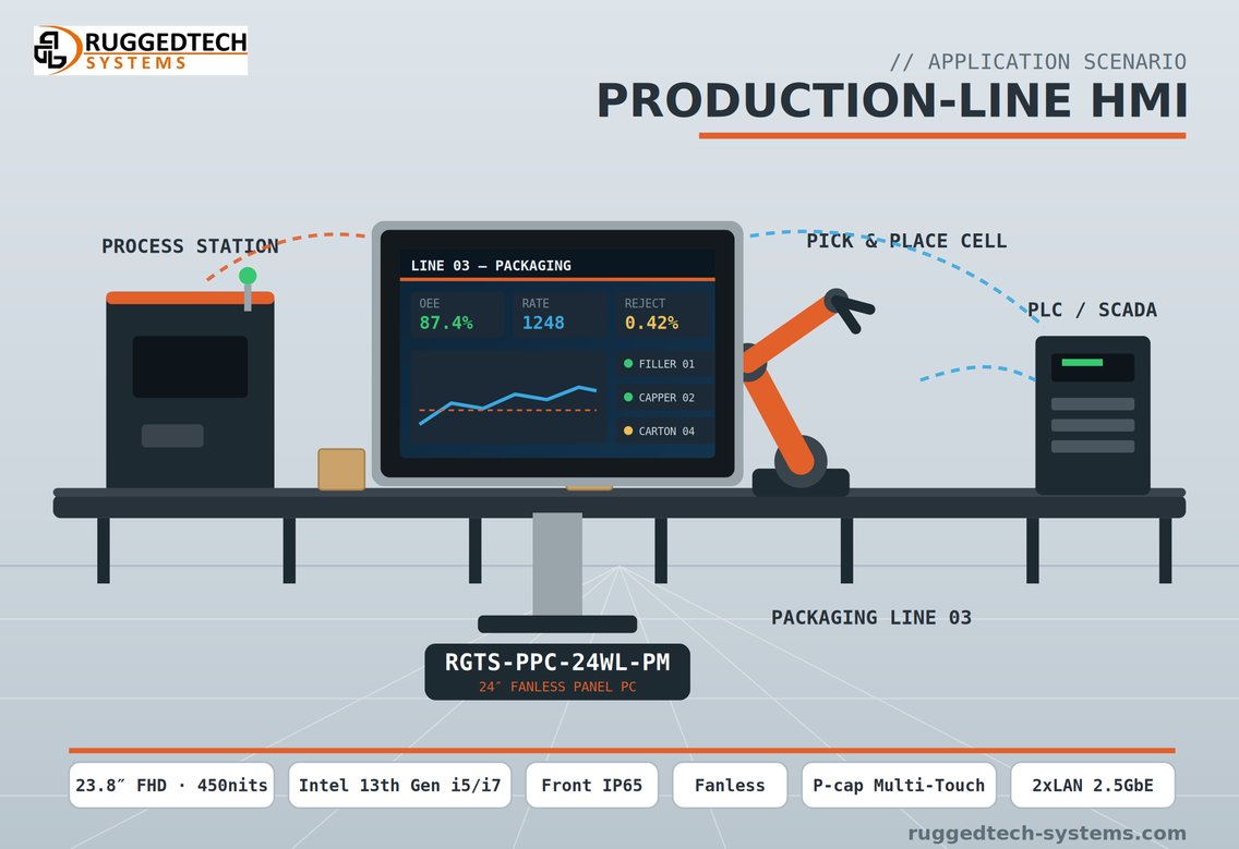 RGTS-PPC-24WL-PM as the HMI station of a packaging line with process station, robot cell and PLC gateway