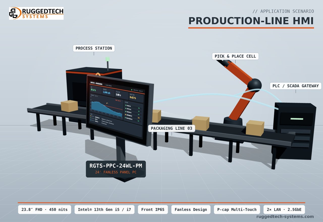 RGTS-PPC-24WL-PM 24-inch fanless panel PC running a SCADA dashboard on a packaging production line