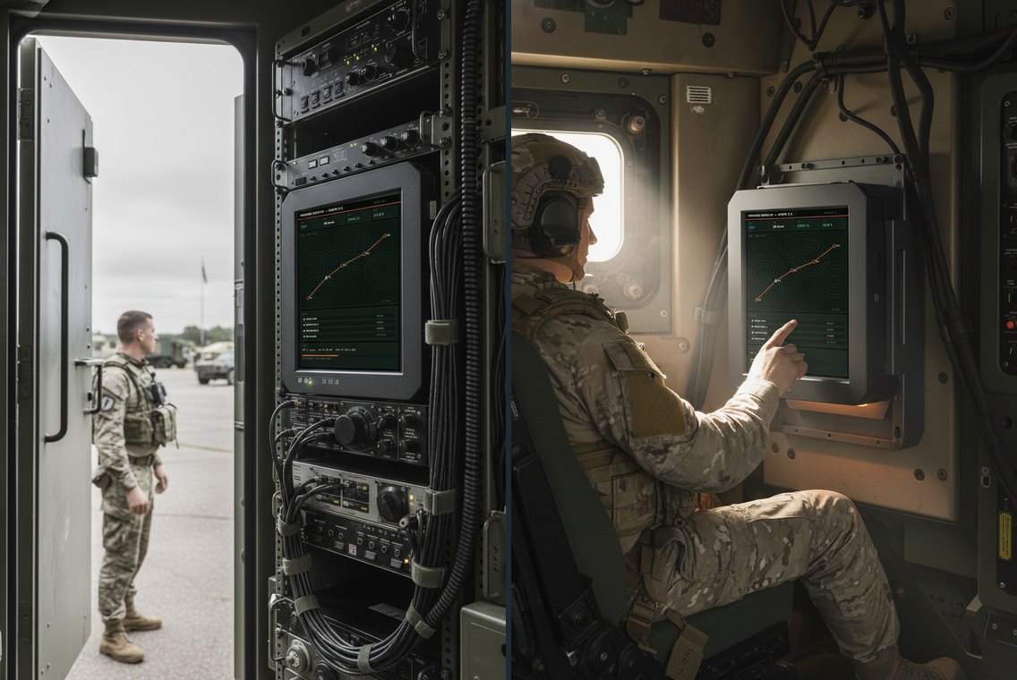 RGTS-RML-12R-RK rack-mounted in a field command vehicle and panel-mounted in a vehicle cabin, both running the mission display