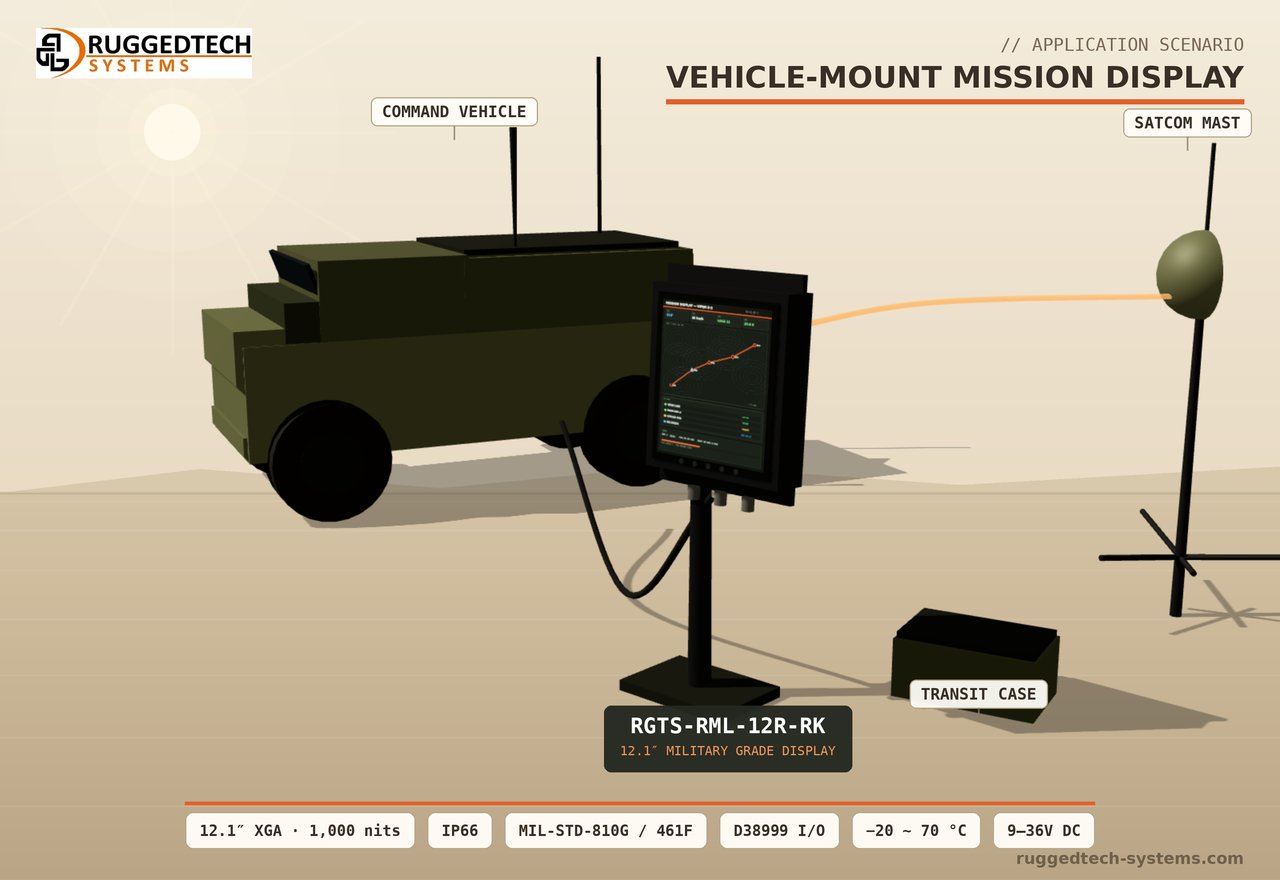 RGTS-RML-12R-RK military display on a pedestal beside a command vehicle and SATCOM mast in a sunlit field