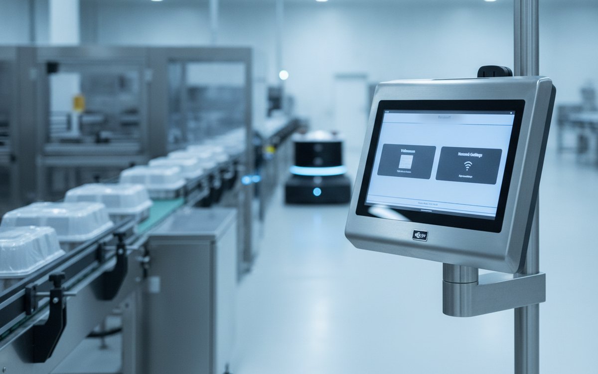 RGTS-PST-15WE-J-SL stainless panel PC mounted as an HMI terminal on an automated packaging and intralogistics line