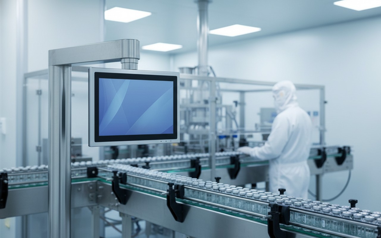 RGTS-FIP-15RT-67 stainless panel PC mounted at a pharmaceutical fill-finish line in a cleanroom